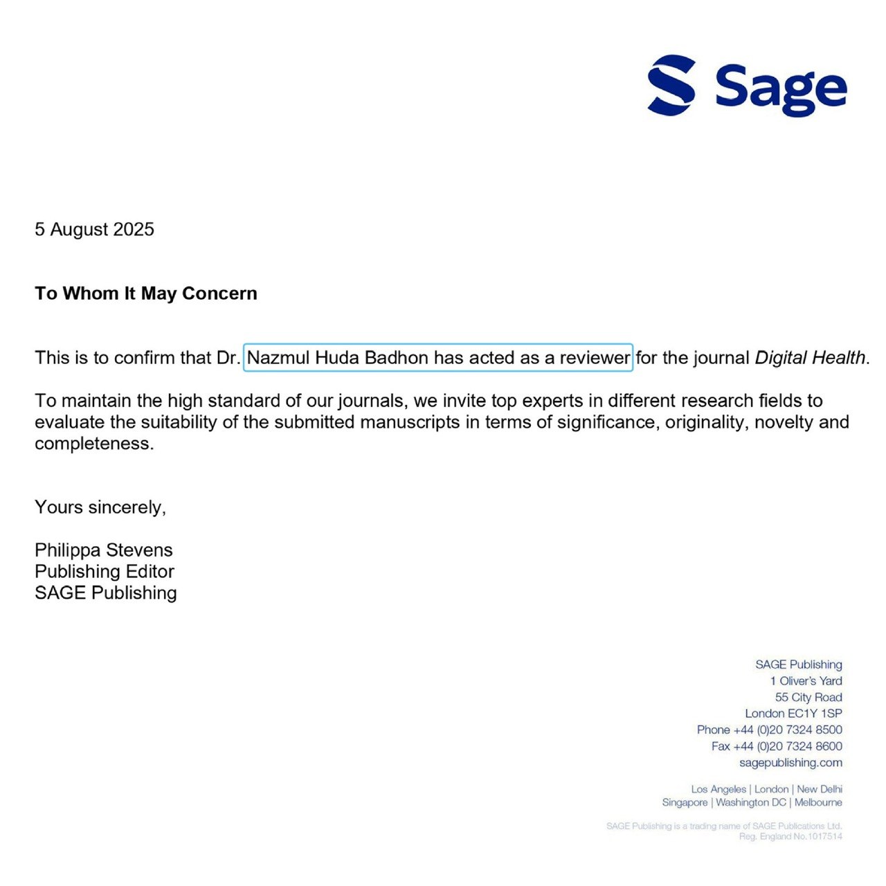 Nazmul Huda Badhon peer reviewer acknowledgement certificate from SAGE Digital Health journal